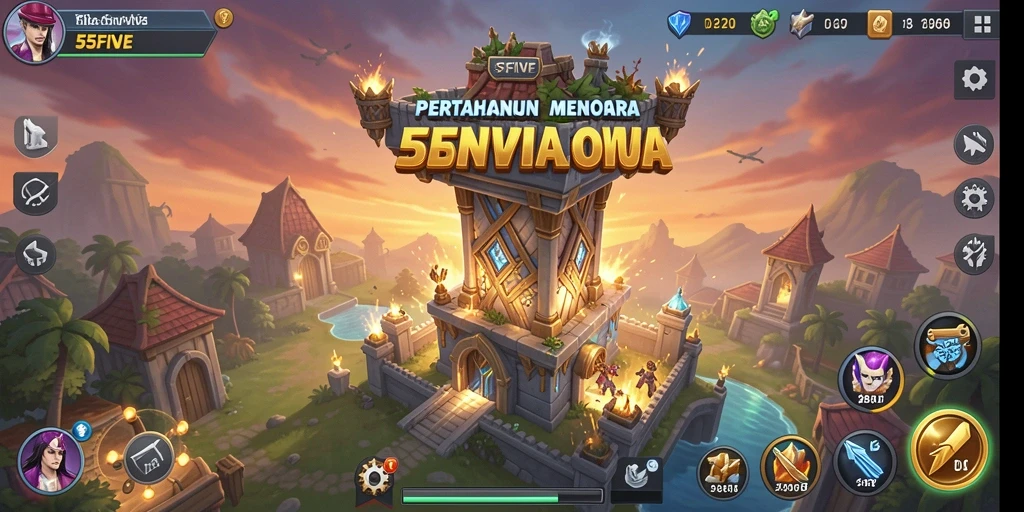 Tampilan gameplay menara pertahanan yang epik di 55FIVE.