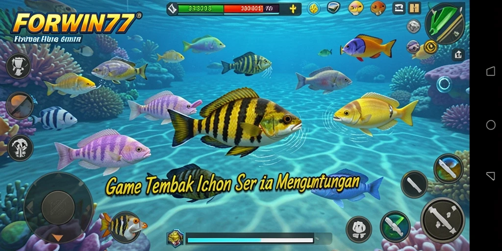 Tampilan gameplay menegangkan saat menangkap ikan dalam FORWIN77.