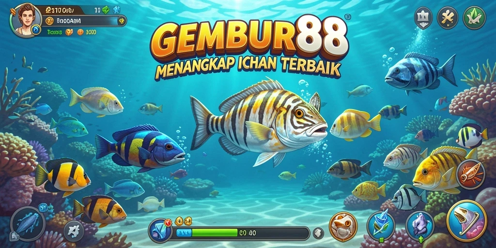 Tampilan gameplay memancing seru di GEMBUR88 dengan beragam ikan.